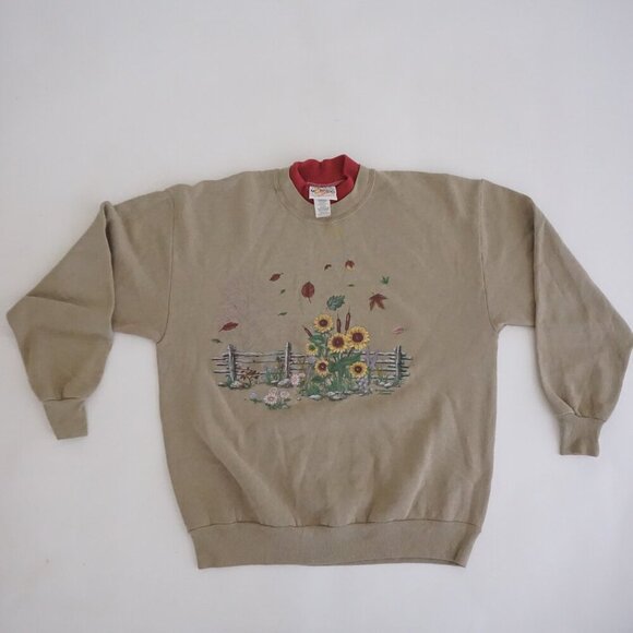 Sweaters - Vintage Morning Sun Tan Fall Graphic Sweatshirt Cabincore Sunflower Garden XL